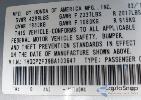 2011 Honda Accord 2.4 Lx from USA, damaged, VIN 1HGCP2F39BA103647